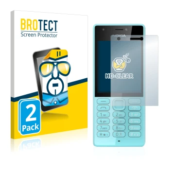 Front side of a product packaging with the brand logo BROTECT. Next to it is the device Nokia 216 shown with the corresponding