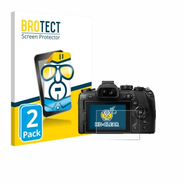 Front side of a product packaging with the brand logo BROTECT. Next to it is the device Olympus OM-D E-M1 Mark II shown with t