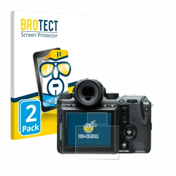 Front side of a product packaging with the brand logo BROTECT. Next to it is the device Fujifilm GFX50S shown with the corresp