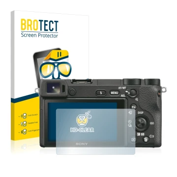 Front side of a product packaging with the brand logo BROTECT. Next to it is the device Sony Alpha 6500 shown with the corresp