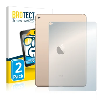 Front side of a product packaging with the brand logo BROTECT. Next to it is the device Apple iPad Air 2 2014 (Back) shown wit