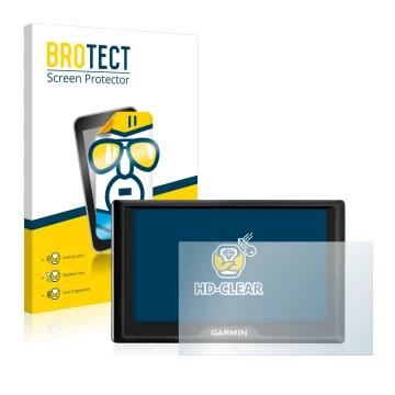 Front side of a product packaging with the brand logo BROTECT. Next to it is the device Garmin Drive 50 LM shown with the corr