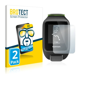 Front side of a product packaging with the brand logo BROTECT. Next to it is the device TomTom Runner 3 shown with the corresp