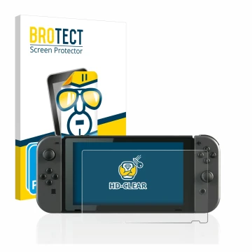 Front side of a product packaging with the brand logo BROTECT. Next to it is the device Nintendo Switch shown with the corresp