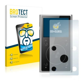 Front side of a product packaging with the brand logo BROTECT. Next to it is the device FiiO X1 II shown with the correspondin