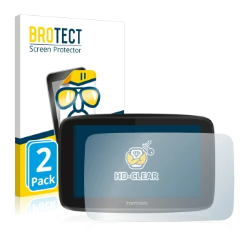 Front side of a product packaging with the brand logo BROTECT. Next to it is the device TomTom GO 5200 shown with the correspo
