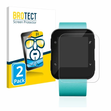 Front side of a product packaging with the brand logo BROTECT. Next to it is the device Garmin Forerunner 35 shown with the co