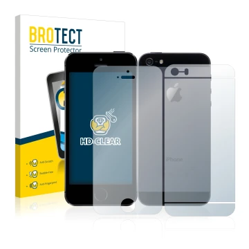 Front side of a product packaging with the brand logo BROTECT. Next to it is the device Apple iPhone 5S (Front+Back) shown wit