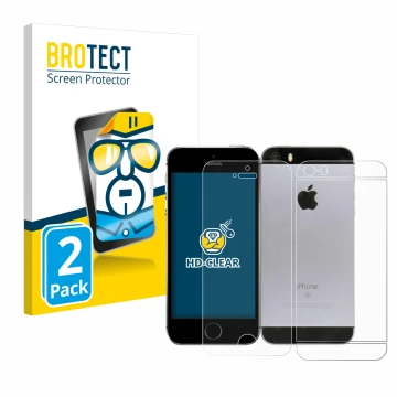 Front side of a product packaging with the brand logo BROTECT. Next to it is the device Apple iPhone SE 2016 (Front+Back) show