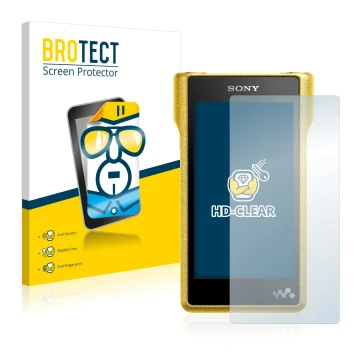 Front side of a product packaging with the brand logo BROTECT. Next to it is the device Sony Walkman NW-WM1A shown with the co