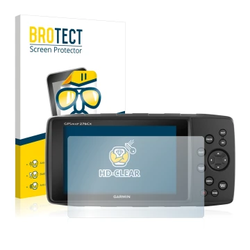 Front side of a product packaging with the brand logo BROTECT. Next to it is the device Garmin 276Cx shown with the correspond