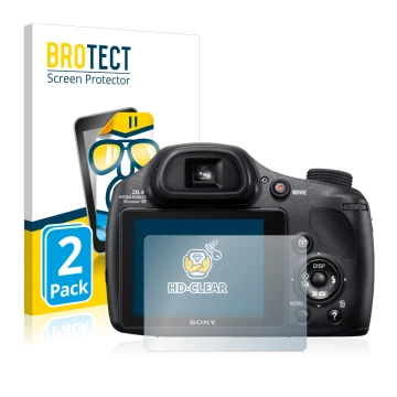 Front side of a product packaging with the brand logo BROTECT. Next to it is the device Sony Cyber-Shot DSC-HX350 shown with t