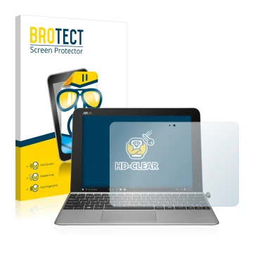 Front side of a product packaging with the brand logo BROTECT. Next to it is the device ASUS Transformer Mini T102HA shown wit