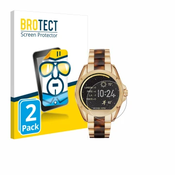 Front side of a product packaging with the brand logo BROTECT. Next to it is the device Michael Kors Access Bradshaw shown wit