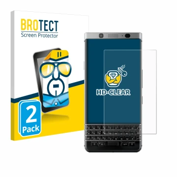 Front side of a product packaging with the brand logo BROTECT. Next to it is the device BlackBerry Keyone shown with the corre