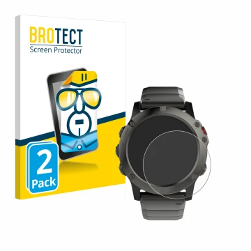 Front side of a product packaging with the brand logo BROTECT. Next to it is the device Garmin Fenix 5X (51 mm) shown with the