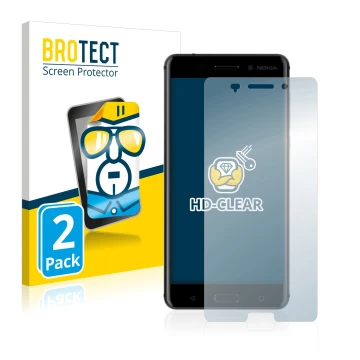 Front side of a product packaging with the brand logo BROTECT. Next to it is the device Nokia 6 2017 shown with the correspond