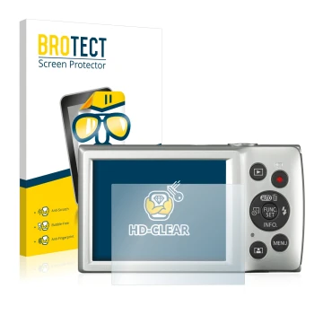 Front side of a product packaging with the brand logo BROTECT. Next to it is the device Canon Digital Ixus 185 shown with the 