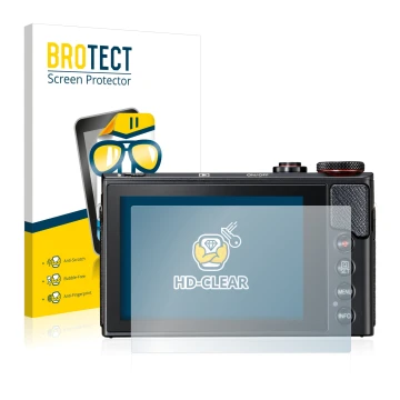 Front side of a product packaging with the brand logo BROTECT. Next to it is the device Canon PowerShot G9 X Mark II shown wit