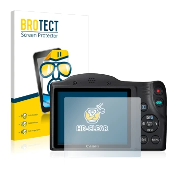 Front side of a product packaging with the brand logo BROTECT. Next to it is the device Canon PowerShot SX430 IS shown with th