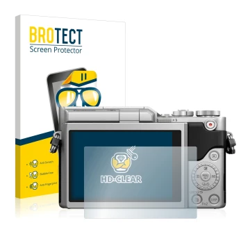 Front side of a product packaging with the brand logo BROTECT. Next to it is the device Panasonic Lumix DC-GX800 shown with th