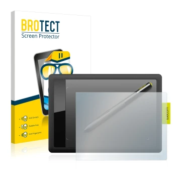 Front side of a product packaging with the brand logo BROTECT. Next to it is the device Wacom One s CTL-471 shown with the cor