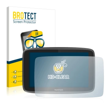 Front side of a product packaging with the brand logo BROTECT. Next to it is the device TomTom Go 6200 shown with the correspo