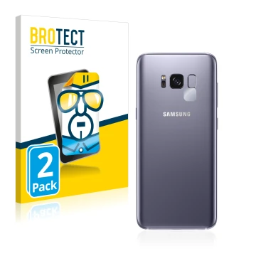 Front side of a product packaging with the brand logo BROTECT. Next to it is the device Samsung Galaxy S8 (ONLY Camera Lens) s