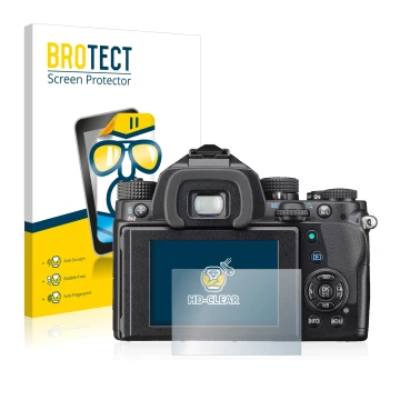 Front side of a product packaging with the brand logo BROTECT. Next to it is the device Pentax KP shown with the corresponding