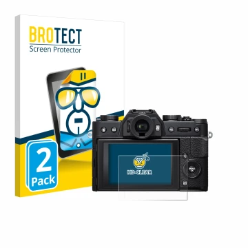 Front side of a product packaging with the brand logo BROTECT. Next to it is the device Fujifilm X-T20 shown with the correspo
