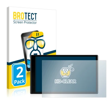 Front side of a product packaging with the brand logo BROTECT. Next to it is the device Garmin DriveSmart 61 LMT-D shown with 