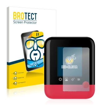 Front side of a product packaging with the brand logo BROTECT. Next to it is the device Polaroid Pop shown with the correspond