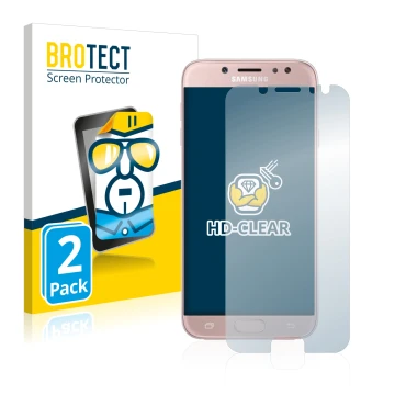 Front side of a product packaging with the brand logo BROTECT. Next to it is the device Samsung Galaxy J7 2017 shown with the 