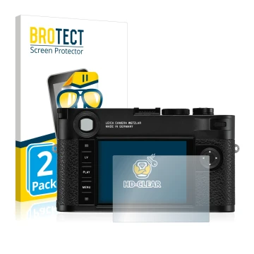 Front side of a product packaging with the brand logo BROTECT. Next to it is the device Leica M10 shown with the corresponding