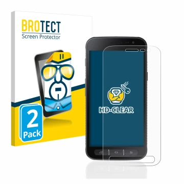 Front side of a product packaging with the brand logo BROTECT. Next to it is the device Samsung Galaxy XCover 4 shown with the
