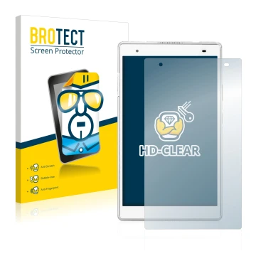 Front side of a product packaging with the brand logo BROTECT. Next to it is the device Lenovo Tab 4 8 Plus shown with the cor