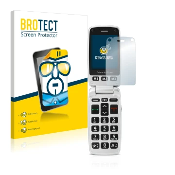 Front side of a product packaging with the brand logo BROTECT. Next to it is the device Doro Primo 413 shown with the correspo