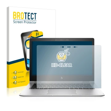 Front side of a product packaging with the brand logo BROTECT. Next to it is the device HP EliteBook x360 1030 G2 shown with t
