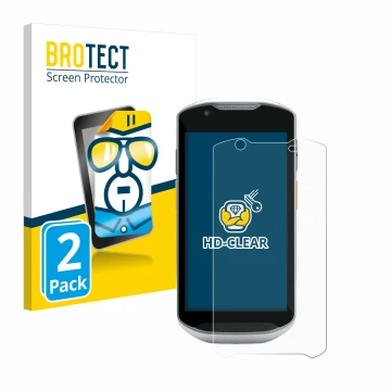 Front side of a product packaging with the brand logo BROTECT. Next to it is the device Zebra TC56 shown with the correspondin