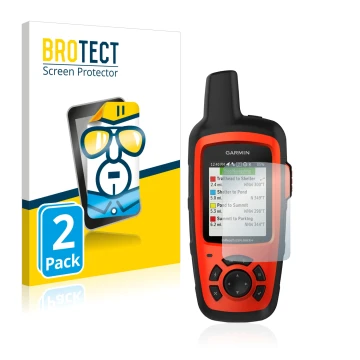 Front side of a product packaging with the brand logo BROTECT. Next to it is the device Garmin inReach Explorer+ shown with th