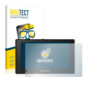 Front side of a product packaging with the brand logo BROTECT. Next to it is the device Garmin DriveSmart 51 LMT-D shown with 