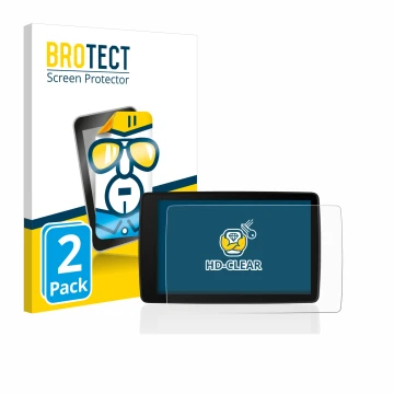 Front side of a product packaging with the brand logo BROTECT. Next to it is the device BMW Motorrad Navigator VI shown with t