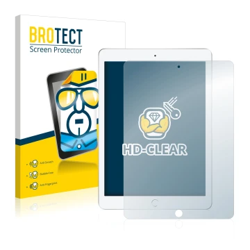 Front side of a product packaging with the brand logo BROTECT. Next to it is the device Apple iPad 9.7 2017 (5th. Gen.) shown 