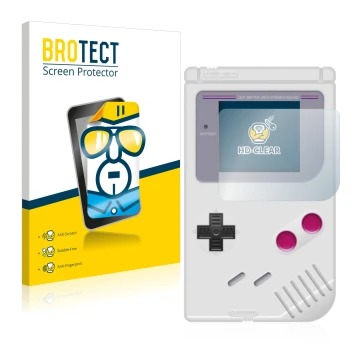 Front side of a product packaging with the brand logo BROTECT. Next to it is the device Nintendo Gameboy (1989) shown with the
