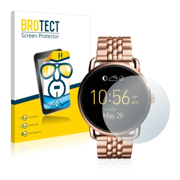 Front side of a product packaging with the brand logo BROTECT. Next to it is the device Fossil Q Wander shown with the corresp