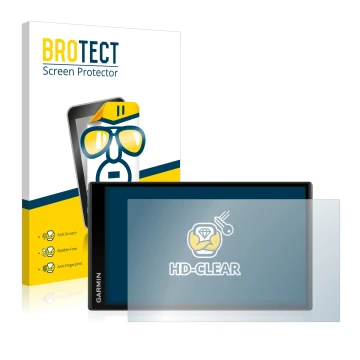 Front side of a product packaging with the brand logo BROTECT. Next to it is the device Garmin Camper 770 LMT-D shown with the