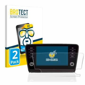 Front side of a product packaging with the brand logo BROTECT. Next to it is the device Skoda Octavia 2017 Infotainment System