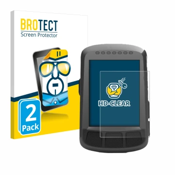 Front side of a product packaging with the brand logo BROTECT. Next to it is the device Wahoo Elemnt Bolt GPS shown with the c