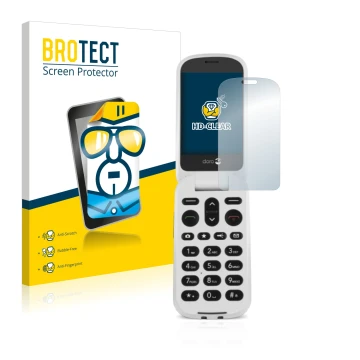 Front side of a product packaging with the brand logo BROTECT. Next to it is the device Doro 6050 shown with the corresponding