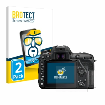 Front side of a product packaging with the brand logo BROTECT. Next to it is the device Nikon D7500 shown with the correspondi